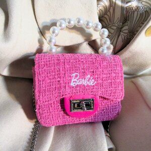 BARBIE NEW TINY TWEED PEARL HANDLE PURSE BAG + CHAIN PINK